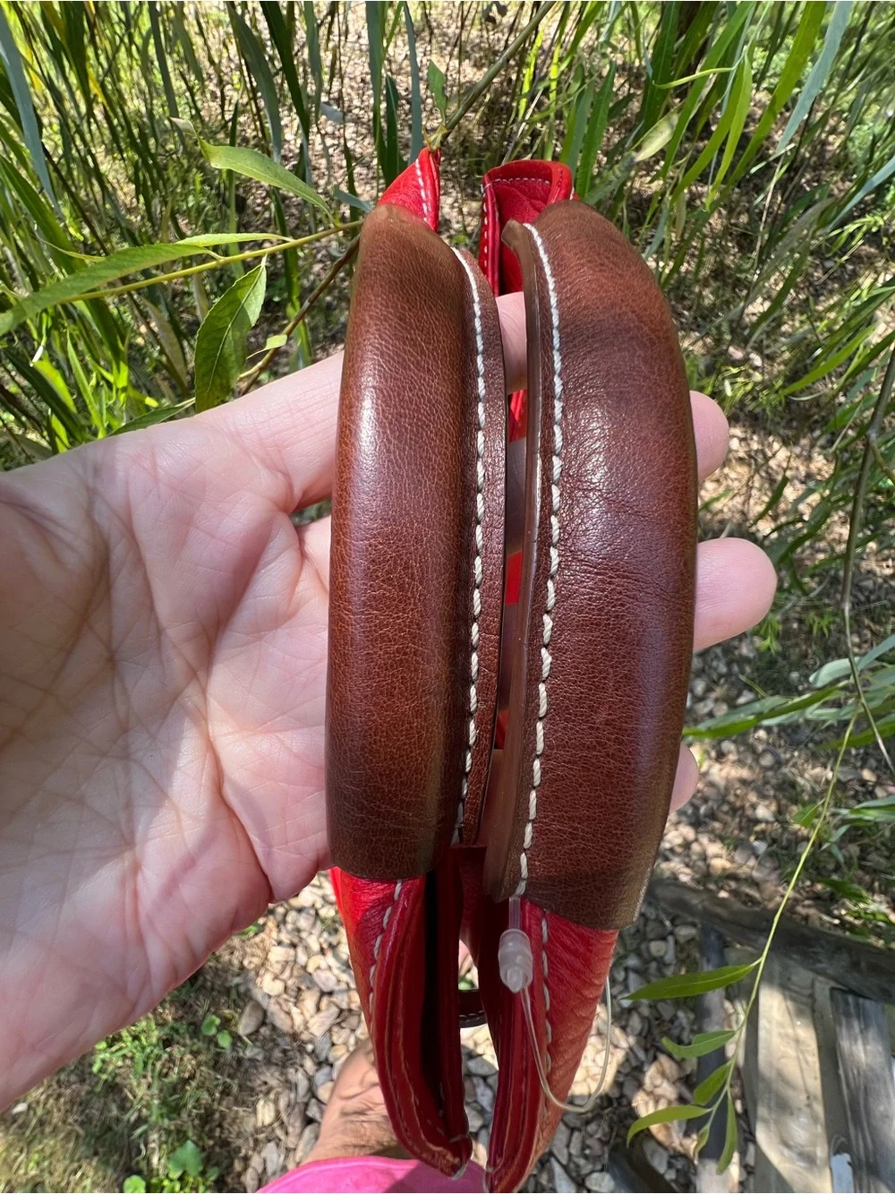 Vintage kate spade Bright Red Pebbled Leather Shoulder Bag with Brown Accents